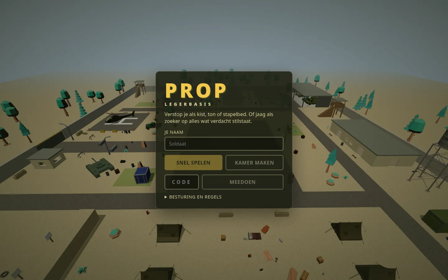 Prop: de legerbasis in 3D met tenten, een helikopter, een tank en wachttorens
